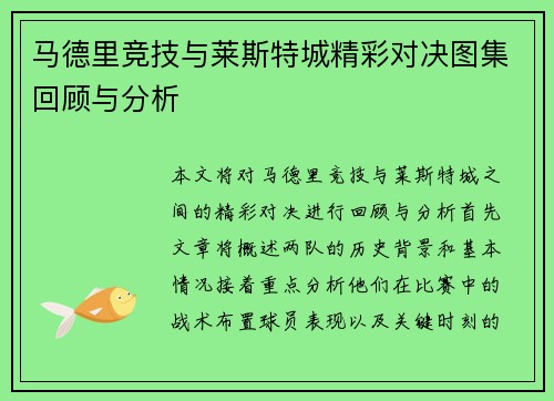 马德里竞技与莱斯特城精彩对决图集回顾与分析