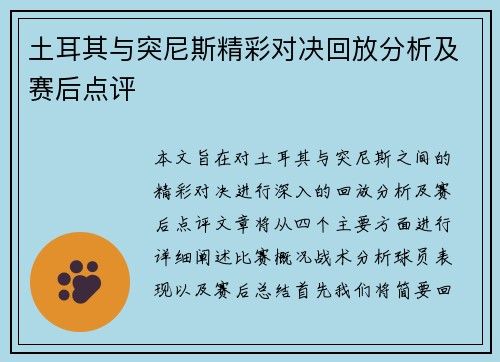 土耳其与突尼斯精彩对决回放分析及赛后点评