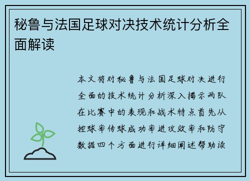 秘鲁与法国足球对决技术统计分析全面解读