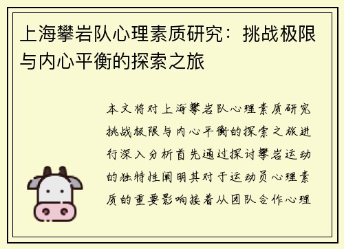 上海攀岩队心理素质研究：挑战极限与内心平衡的探索之旅